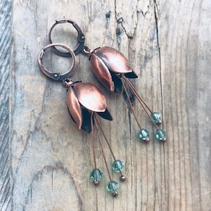 Copper Tulip Earrings with Seafoam Green Crystal. Copper Flower Jewelry, Shabby Chic Jewelry, Fairy Grunge Earrings, Woodland Jewelry
