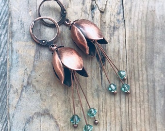 Copper Tulip Earrings with Seafoam Green Crystal. Copper Flower Jewelry, Shabby Chic Jewelry, Fairy Grunge Earrings, Woodland Jewelry