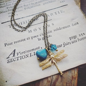 Gold Dragonfly Necklace With Chrysocolla. Crystal Jewelry Gemstone Mothers Day Charm Jewelry Aqua Brass Jewelry Nature Inspired Insect Charm