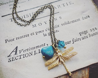 Gold Dragonfly Necklace With Chrysocolla. Crystal Jewelry Gemstone Mothers Day Charm Jewelry Aqua Brass Jewelry Nature Inspired Insect Charm