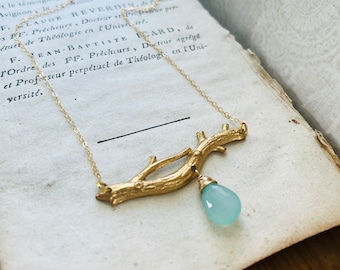 Vintage Brass and Green Chalcedony Branch Necklace Charm Necklace Woodland Brass Jewelry Art Nouveau Style Gemstone Jewelry Nature Inspired