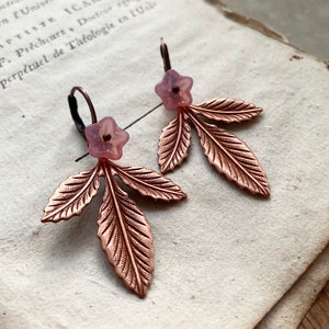 Copper Leaf Earrings With Pink Flower. Nature Inspired Vintage Style Woodland Jewelry Copper Earrings Pink Blossoms Fairycore Earrings