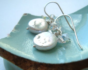 White Coin Pearl and Crystal Earrings Bridal Jewelry June Birthstone Sterling Silver Weddings Wire Wrapped Shabby Chic