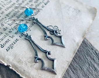 Silver Earrings With Blue Crystals. Vintage Style Mothers Day Jewelry Gifts Under 50 Sterling Silver Art Nouveau Jewelry Pendant Earrings