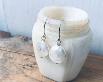 White Coin Pearl Earrings in Silver. Bridal Jewelry June Birthstone Sterling Silver Simple Earrings Wedding Jewelry Pearl Earrings