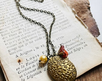 Brass Floral Locket Necklace With Blossom and Pearl Vintage Style Flower Nature Inspired Bridesmaid Mothers Day Jewelry Gifts Under 50