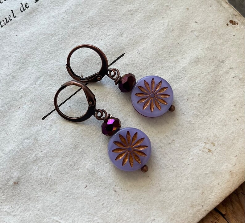 Purple Daisy Earrings with Crystal. Boho Earrings, Fall Jewelry, Nature Inspired, Woodland Jewelry, Gifts Under 30, Boho Flower Jewelry image 3