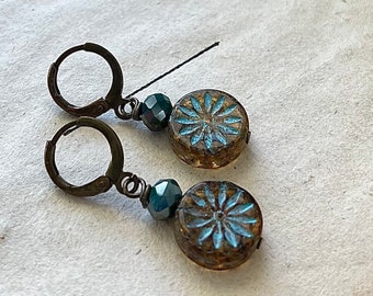 Aqua Blue Daisy Earrings with Crystal Glass Beads Fall Fashion Nature Inspired Woodland Jewelry Gifts Under 30 Autumn