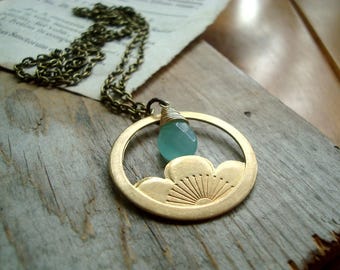 Brass Lotus Necklace With Aqua Glass Long Layering Necklace March Birthstone Brass Jewelry Art Nouveau Style Gemstone Jewelry