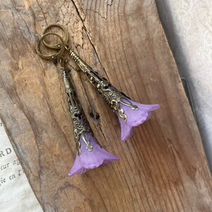 Purple Flower Earrings. Antiqued Brass Earrings, Spring Jewelry, Floral Earrings, Fairy Core, Bridesmaid Earrings, Easter Jewelry, Boho image 1