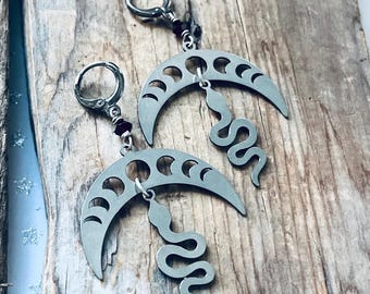 Silver Moon and Snake Earrings. Crystal Earrings Celestial Jewelry Charm Jewelry Gold Jewelry Moon Charms Boho Earrings Dangles Moon Cycles