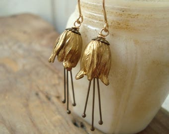 Little Brass Tulip Flower Earrings. Flower Jewelry Art Nouveau Style Gold Tulips Floral Earrings Gifts Under 40 Fairy Core Earrings Spring