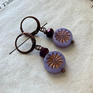 Purple Daisy Earrings with Crystal. Boho Earrings, Fall Jewelry, Nature Inspired, Woodland Jewelry, Gifts Under 30, Boho Flower Jewelry image 1