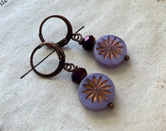 Boho Flower Earrings with Crystal. Purple Daisy Earrings, Floral Earrings, Nature Inspired, Woodland Jewelry, Gifts Under 30, Fall Earrings