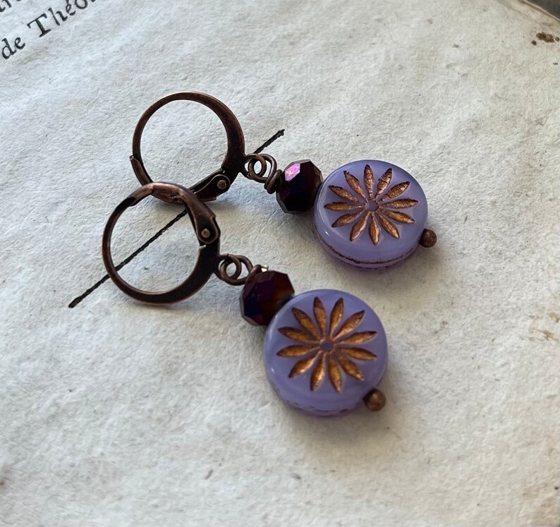 Purple Daisy Earrings with Crystal. Boho Earrings, Fall Jewelry, Nature Inspired, Woodland Jewelry, Gifts Under 30, Boho Flower Jewelry image 1