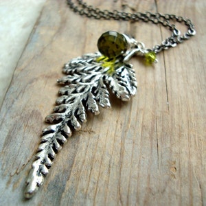 Silver Fern Necklace With Olive Green Crystals, Woodland, Statement Necklaces, Long Layering Necklaces, Gifts Under 40 Nature Inspired
