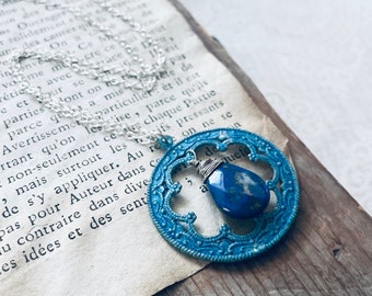Art Nouveau Necklace with Blue Lapis Teardrop. Sterling Silver, Filigree Pendant, Vintage Style Necklace, Statement Jewelry, Blue Gemstone