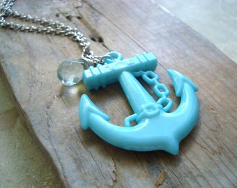 Large Anchor Necklace. Aqua Blue, Statement Jewelry, Nautical Jewelry, Summer Necklace, Silver Chain Necklace, Beachy Jewelry Gifts Under 30