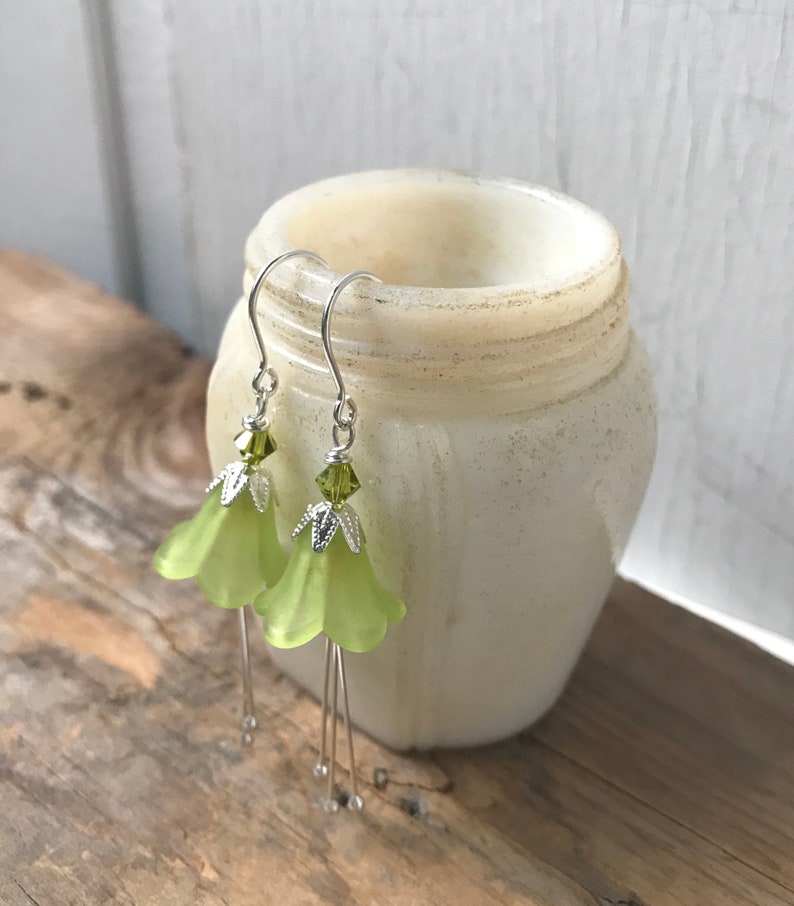 Lime Green Lucite Blossoms Earrings With Crystal Silver Green Flower Jewelry Holiday Bridal Bridesmaid Earrings Floral Jewelry Mothers Day image 3