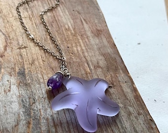 Lavender Starfish Necklace Amethyst Crystal Sea Glass Jewelry February Birthstone Beach Weddings Charm Bridesmaid Beachy Summer