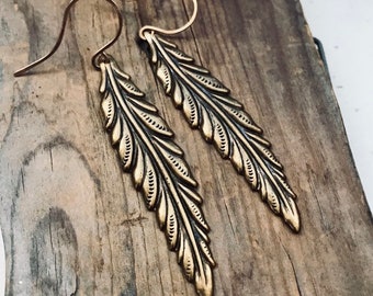 Large Antique Brass Feather Earrings Dangles Statement Earrings Nature Inspired Gold Jewelry Gifts Under 40 Boho Bohemian Coachella