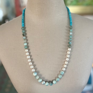 Freshwater Pearl and Jade &quot;Lycka&quot; Necklace. Aqua and White, Gifts Under 100, Boho Chic Bohemian Statement Jewelry Silk June Birthstone OOAK