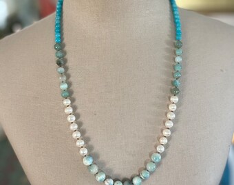Freshwater Pearl and Jade "Lycka" Necklace. Aqua and White, Gifts Under 100, Boho Chic Bohemian Statement Jewelry Silk June Birthstone OOAK