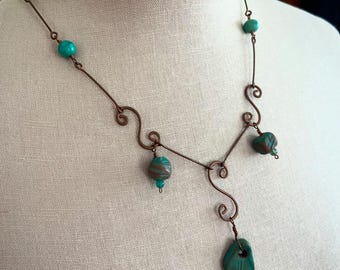 Handmade Pottery, Glass and Copper Necklace. Boho Jewelry Metalworked Necklace Statement Jewelry Celtic Style Spiral Necklace Wireworked
