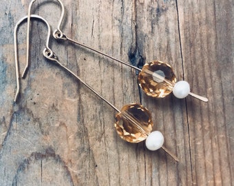 Citrine Stick Earrings With Pearl Gold Filled Golden Faceted Gemstone Metalwork November Birthstone Gifts Under 40 Modern Bridal