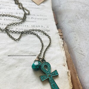 Ankh Necklace with Turquoise. Brass Necklace, Zen Jewelry, Charm Necklace, December Birthstone, Egyptian Pendant, Gemstone Jewelry, Boho image 4