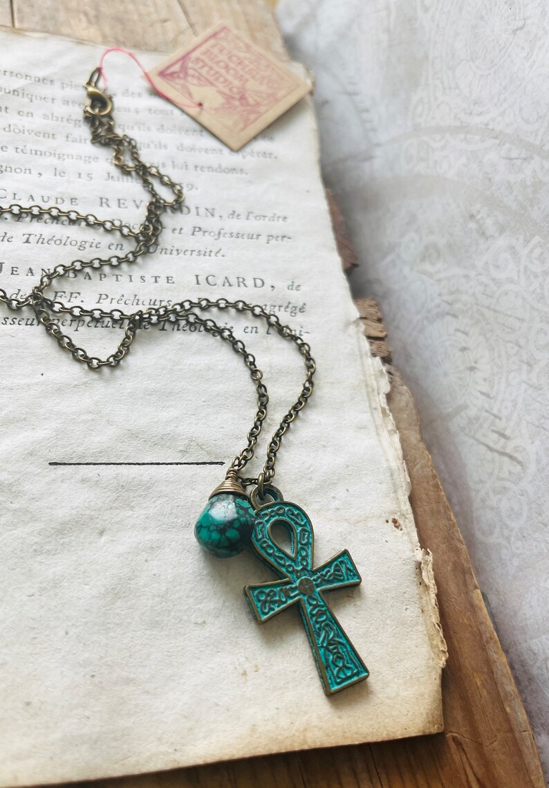 Ankh Necklace with Turquoise. Brass Necklace, Zen Jewelry, Charm Necklace, December Birthstone, Egyptian Pendant, Gemstone Jewelry, Boho image 4