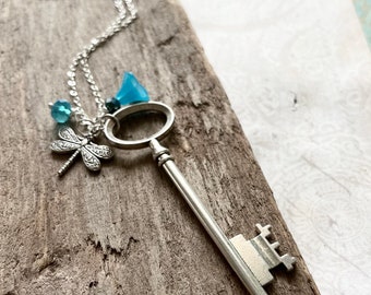 Silver Key Necklace With Charm, Crystal and Blossom. Flower Jewelry, Statement Necklace, Silver Necklace, Layering Necklace, Vintage Style