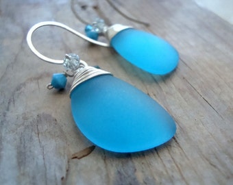 Aqua Sea Glass Earrings With Crystal Eclipse Style Sterling Silver Summer Beach Glass Jewelry Modern Earrings Beachy Jewelry Beach Weddings