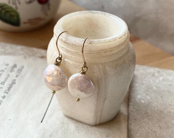 White Coin Pearl Earrings in Gold Bridal Jewelry June Birthstone Gold Filled Simple Weddings Gifts Under 40