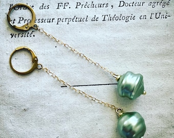 Vintage Glass Pearl Earrings with Gold Filled Chain Long Drops Vintage Style Art Nouveau Mint Green Gifts For Her Holiday Jewelry