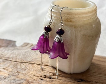 Fuchsia Flower Earrings with Crystal Sterling Silver Spring Jewelry Floral Earrings Fairy Core Jewelry Bridesmaid Earrings Easter Jewelry
