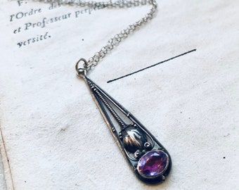 Bohemian Pendant Necklace with Amethyst Sterling Silver Fine Chain Metalworked Vintage Style Simple Upcycled Boho