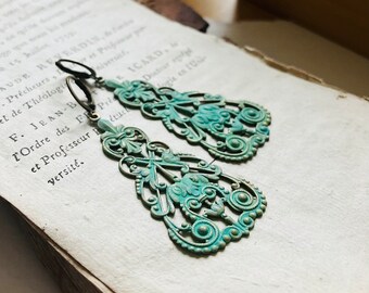 Green Patina Baroque Earrings Hand Painted Brass Vintage Style Filigree Jewelry  Mothers Day Bridesmaid Dangles Gifts Under 50