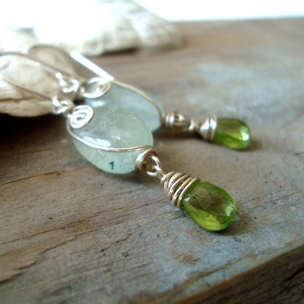 Mermaid Earrings- Aquamarine Peridot Sterling Silver Wire Wrapped March August Birthstone Jewelry Beachy Earrings Gemstone Jewelry Lime Aqua