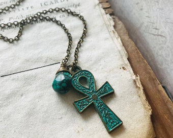 Ankh Necklace with Turquoise. Brass Necklace, Zen Jewelry, Charm Necklace, December Birthstone, Egyptian Pendant, Gemstone Jewelry, Boho