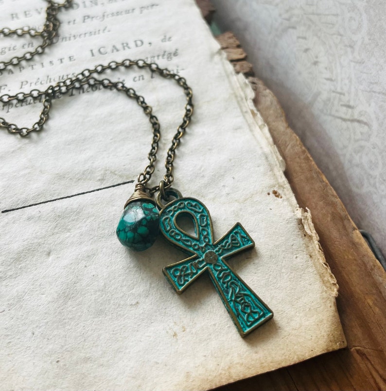 Ankh Necklace with Turquoise. Brass Necklace, Zen Jewelry, Charm Necklace, December Birthstone, Egyptian Pendant, Gemstone Jewelry, Boho image 1