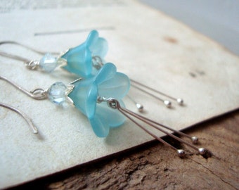 Aqua Blossom Earrings With Crystal. Silver Earrings, Flower Jewelry, Spring Earrings, Bridesmaid Earrings,Floral Jewelry, Mothers Day Gifts