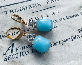 Vintage Rhinestone and Glass Earrings - Pastel Aqua and Crystal. Vintage Style, Brass Jewelry, Old Fashioned Earrings, Retro Dangles, 1920s