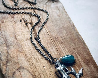 Silver Mermaid Necklace With Green Quartz. Beachy Necklace Beach Weddings Bridesmaid Necklace Nautical Jewelry Mothers Day Charm Jewelry