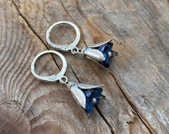 Tiny Flower Earrings. Blue Blossoms With Silver Beadcaps. Leverback Earrings, Floral Jewelry, Art Nouveau Style, Silver Flowers, Dark Blue
