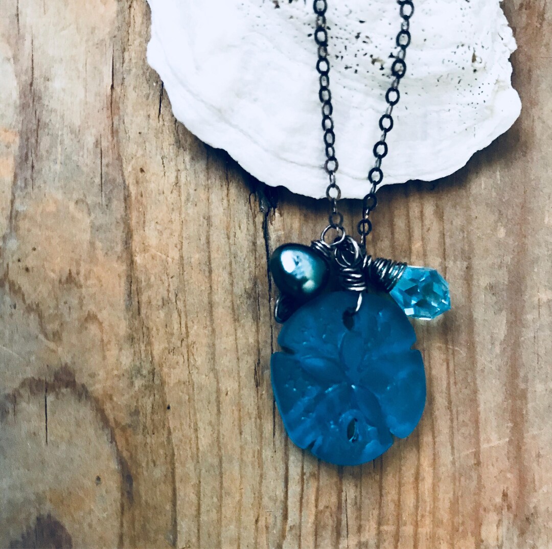 Teal Sand Dollar Necklace With Crystal and Pearl Sea Glass Jewelry ...