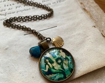 Mermaid Necklace With Chrysocolla. Antiqued Brass Beachy Beach Weddings Bridesmaid Nautical Jewelry Mothers Day Charm Jewelry Gemstone Ocean
