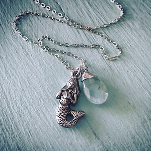 Silver Mermaid Necklace With Aquamarine. Beachy Jewelry, Charm Jewelry, March Birthstone, Aqua Gemstone, Beach Weddings, Summer Jewelry