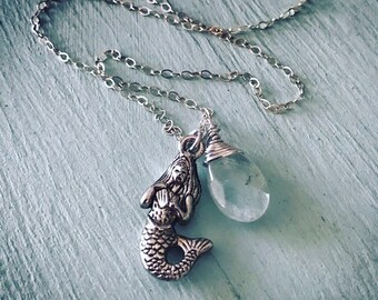 Silver Mermaid Necklace With Aquamarine. Beachy Jewelry, Charm Jewelry, March Birthstone, Aqua Gemstone, Beach Weddings, Summer Jewelry