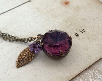 Purple Vintage Glass Necklace With Flowers Brass Jewelry Floral Jewelry Vintage Style Shabby Chic Long Layering Necklace Gifts Under 40